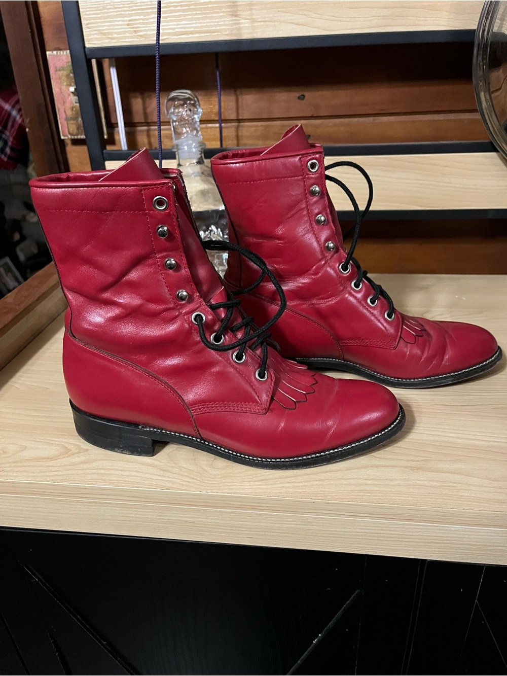 Justin Boots Red Leather Lace-Up Women's Ankle Boots